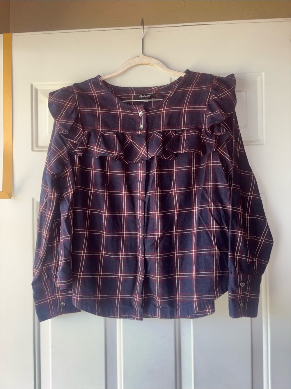 Madewell navy plaid ruffle top size S